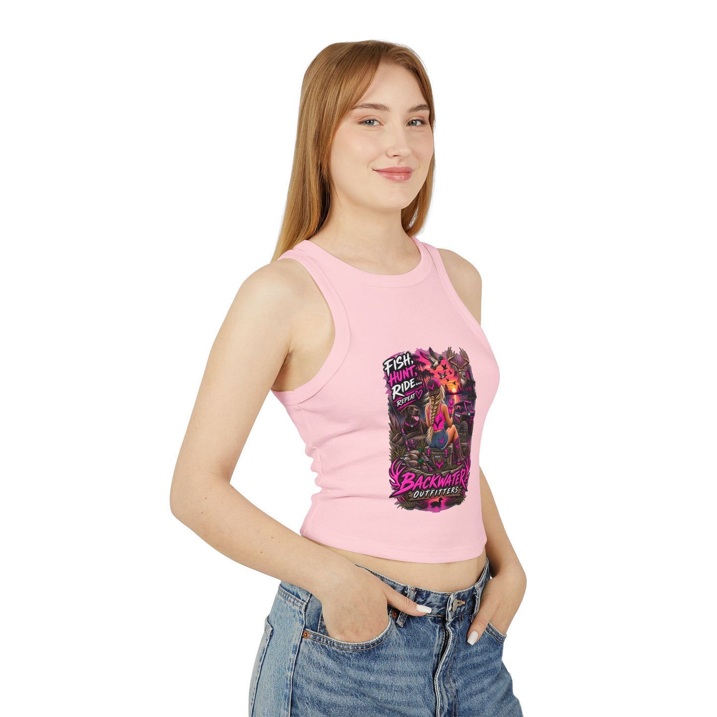 Backwater Outfitters Fish Hunt Ride Tank — Women's Graphic Racer Crop Top