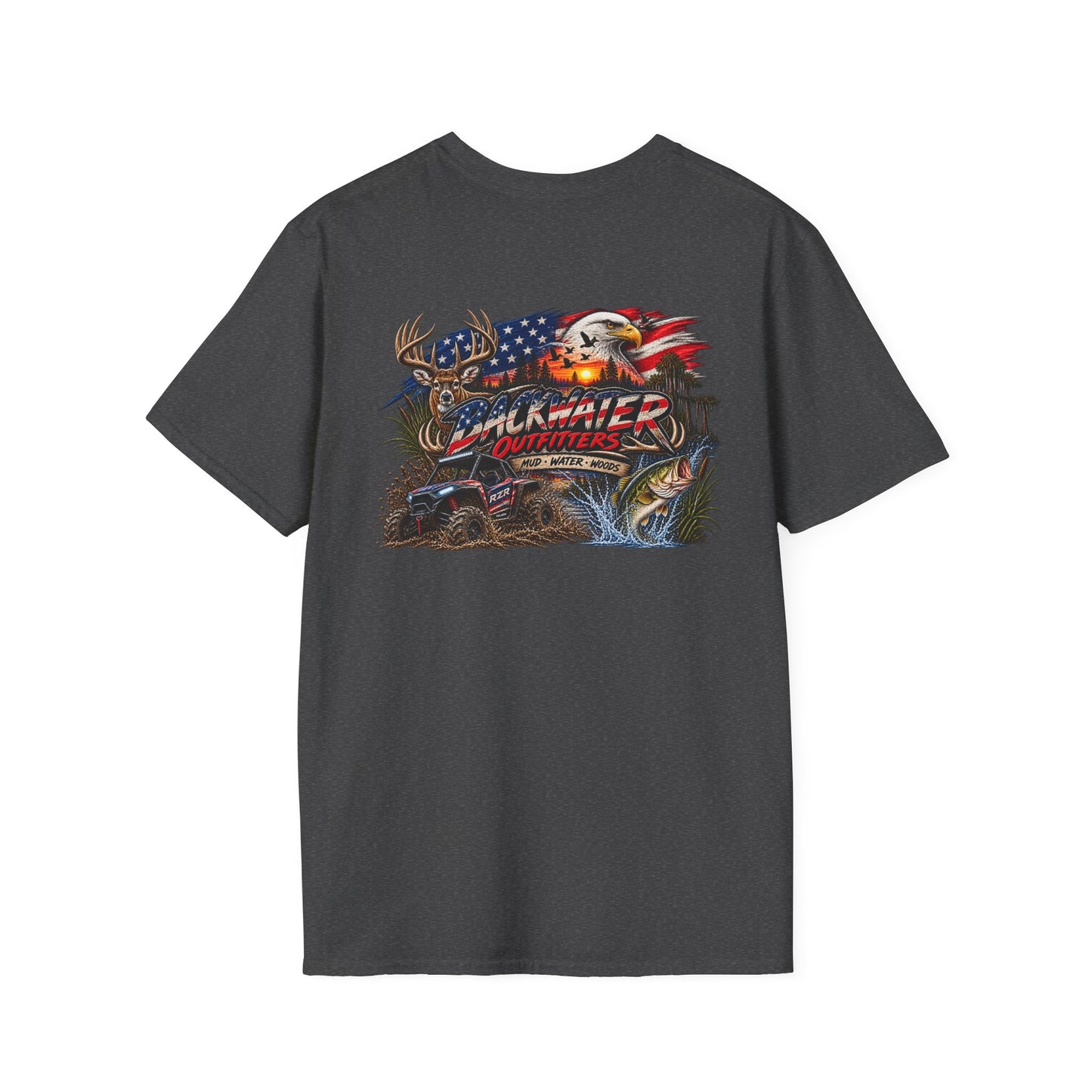 Backwater Outfitters Fishing T-Shirt — American Flag Bass Graphic