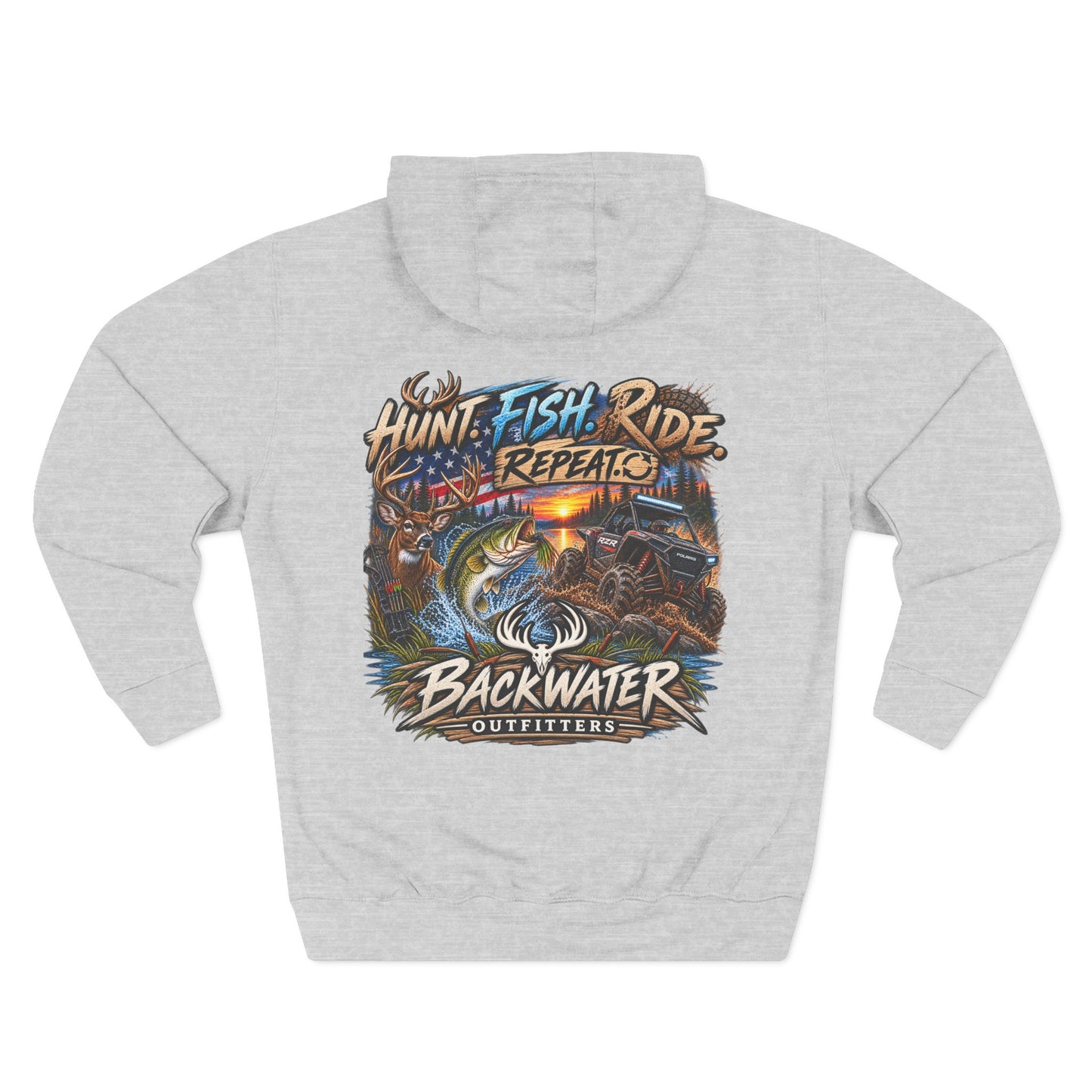 Backwater Outfitters Hoodie — "Hunt Fish Ride Repeat" Outdoor Graphic Pullover