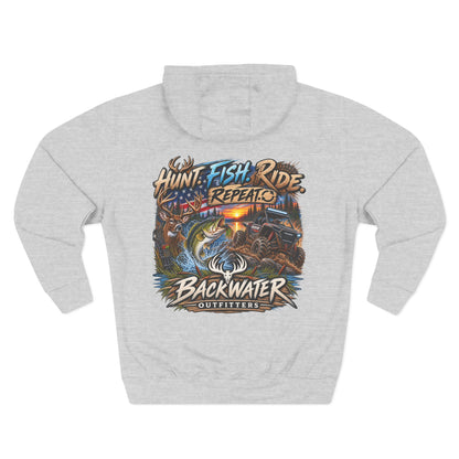 Backwater Outfitters Hoodie — "Hunt Fish Ride Repeat" Outdoor Graphic Pullover