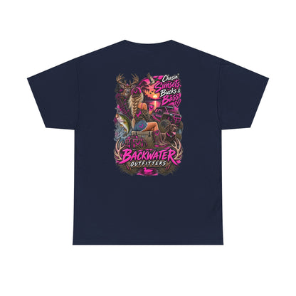 Backwater Outfitters Bass Fishing T‑Shirt — Sunset, Bucks & Bass Graphic Tee