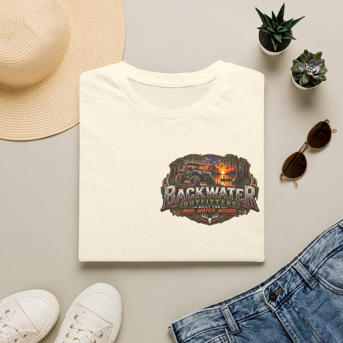Backwater Outfitters Fishing T-Shirt — Rustic Boat & Campfire Graphic