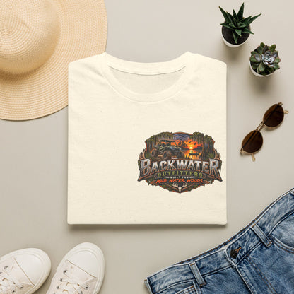 Backwater Outfitters Fishing T-Shirt — Rustic Boat & Campfire Graphic