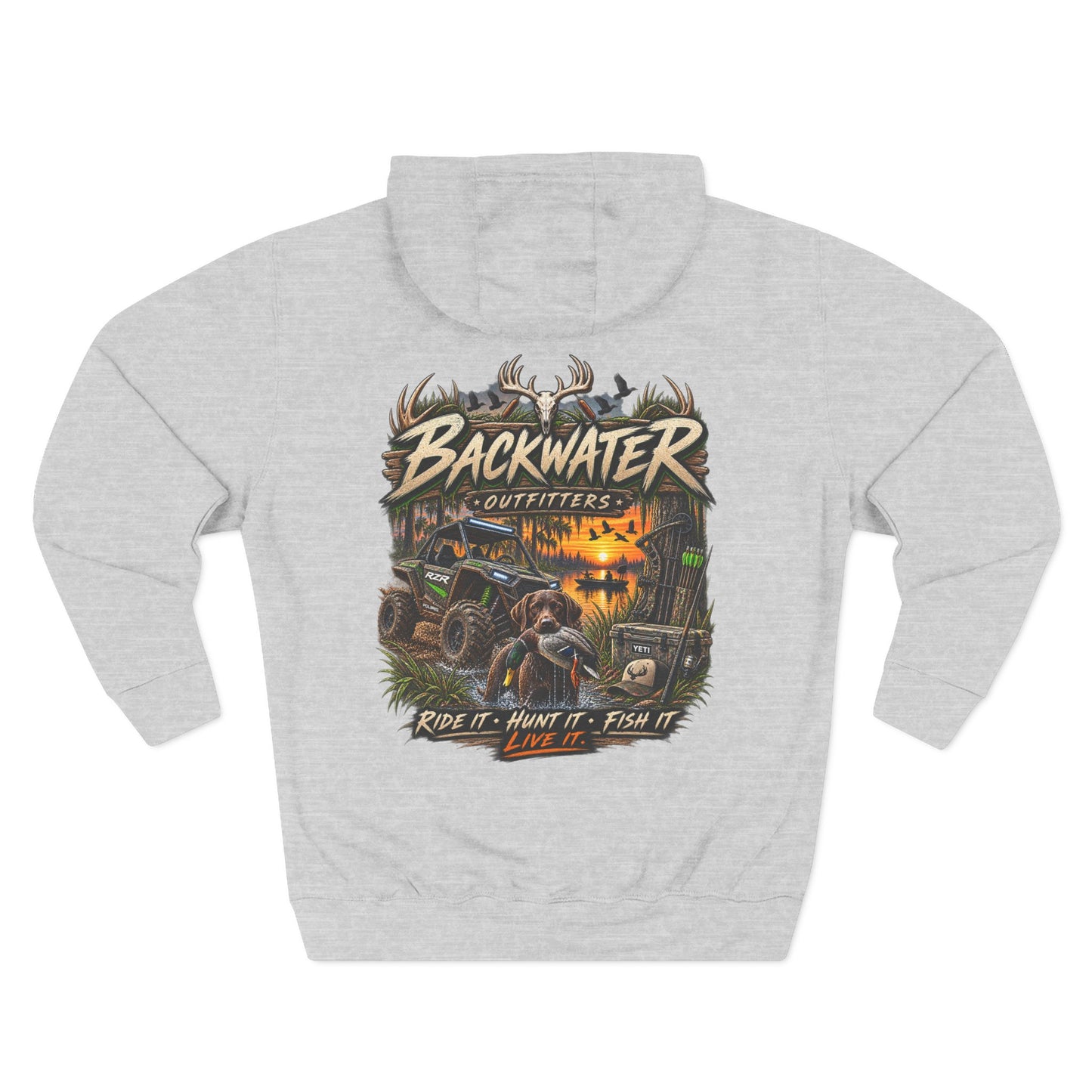 Backwater Outfitters Hoodie — 'Ride It • Hunt It • Fish It' Outdoor Pullover