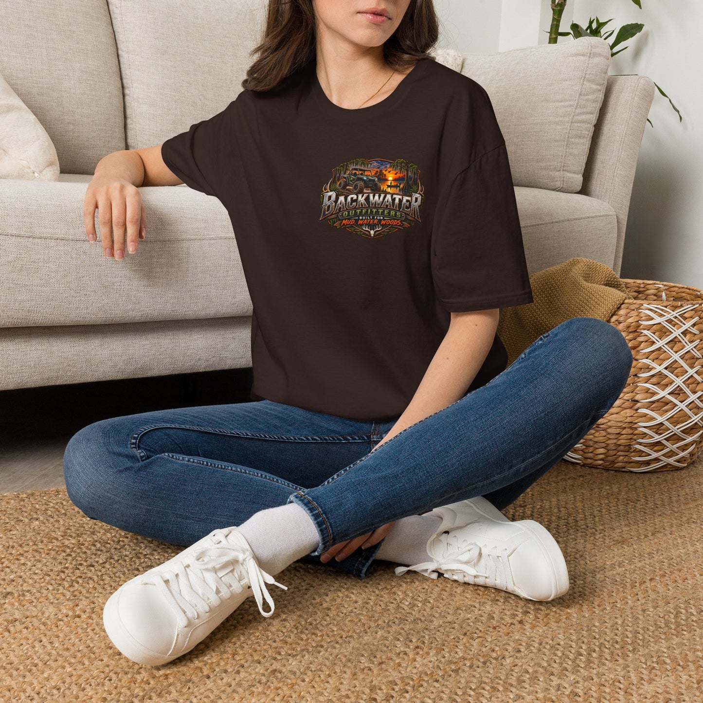 Backwater Outfitters Fishing T-Shirt — Rustic Boat & Campfire Graphic