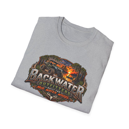 Backwater Outfitters Fishing T‑Shirt — "Raised on Backwater" Bass & Sunset Graphic Printify