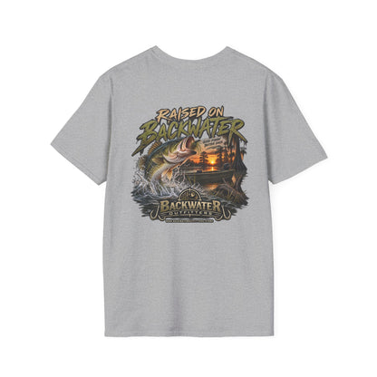 Backwater Outfitters Fishing T‑Shirt — "Raised on Backwater" Bass & Sunset Graphic Printify