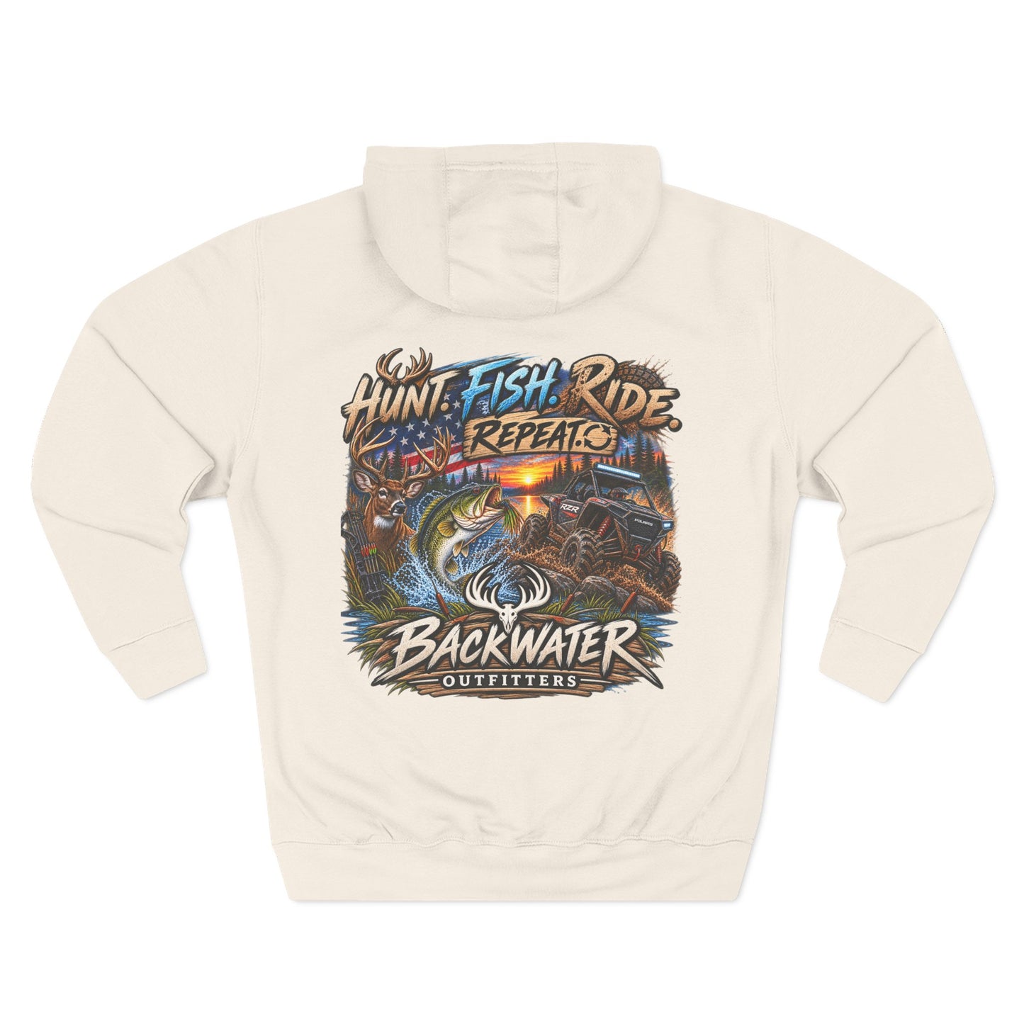 Backwater Outfitters Hoodie — "Hunt Fish Ride Repeat" Outdoor Graphic Pullover