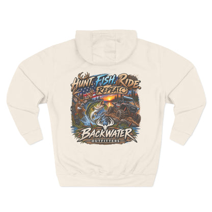 Backwater Outfitters Hoodie — "Hunt Fish Ride Repeat" Outdoor Graphic Pullover
