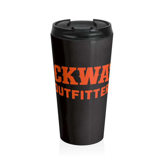 Black Stainless Travel Mug — Bold Orange 'Backwater Outfitters' Logo