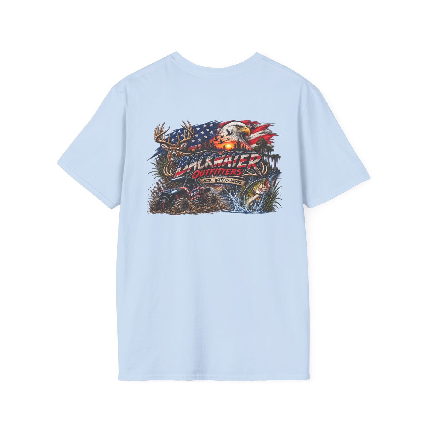 Backwater Outfitters Fishing T-Shirt — American Flag Bass Graphic