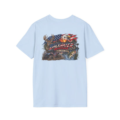 Backwater Outfitters Fishing T-Shirt — American Flag Bass Graphic
