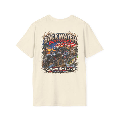 Backwater Outfitters Fishing T-Shirt — Rustic Boat & Campfire Graphic
