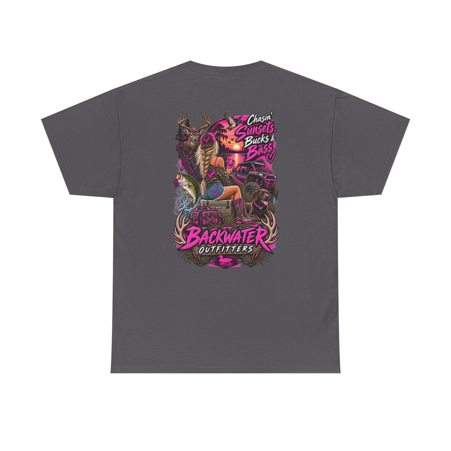 Backwater Outfitters Bass Fishing T‑Shirt — Sunset, Bucks & Bass Graphic Tee