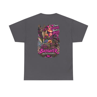 Backwater Outfitters Bass Fishing T‑Shirt — Sunset, Bucks & Bass Graphic Tee