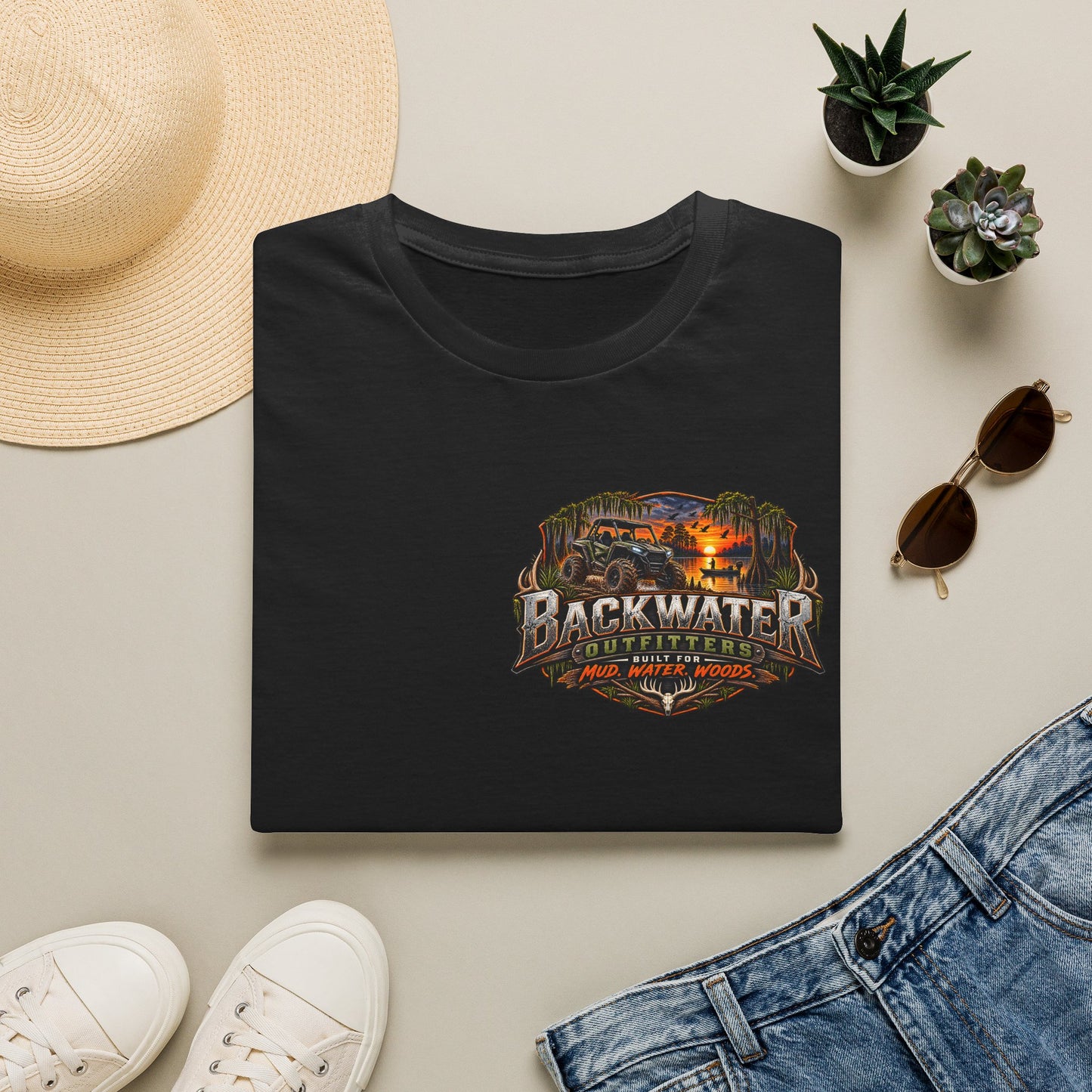 Backwater Outfitters Fishing T-Shirt — Rustic Boat & Campfire Graphic