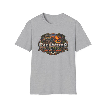 Backwater Outfitters Fishing T‑Shirt — "Raised on Backwater" Bass & Sunset Graphic Printify