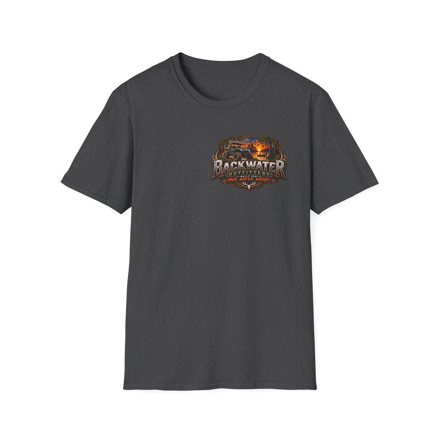 Backwater Outfitters Fishing T-Shirt — Rustic Boat & Campfire Graphic