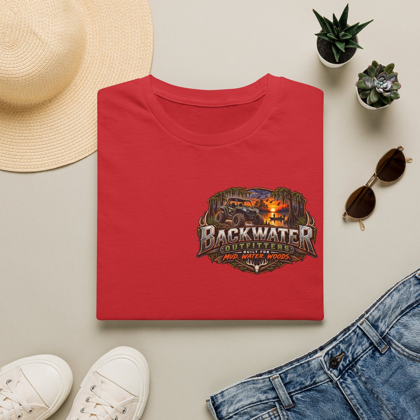 Backwater Outfitters Fishing T-Shirt — Retro Swamp Camp Logo