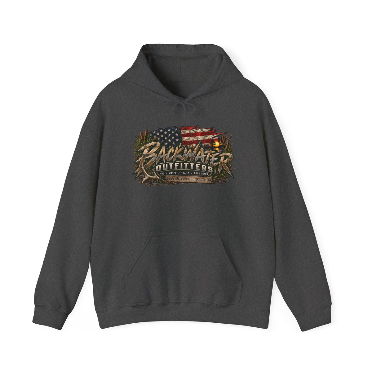 Backwater Outfitters Hoodie — American Flag Outdoor Fishing & Off-Road Pullover Printify