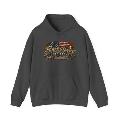 Backwater Outfitters Hoodie — American Flag Outdoor Fishing & Off-Road Pullover Printify