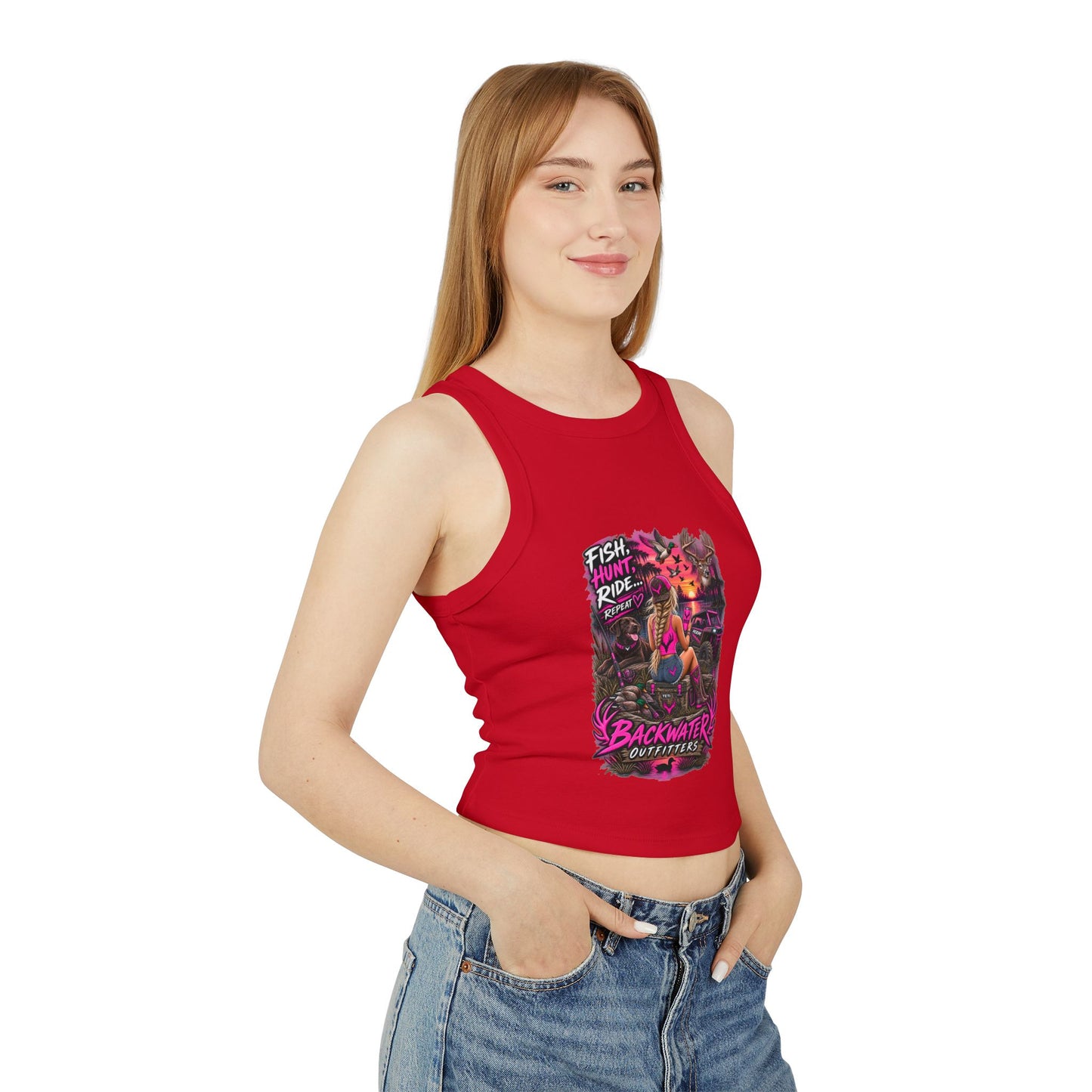 Backwater Outfitters Fish Hunt Ride Tank — Women's Graphic Racer Crop Top