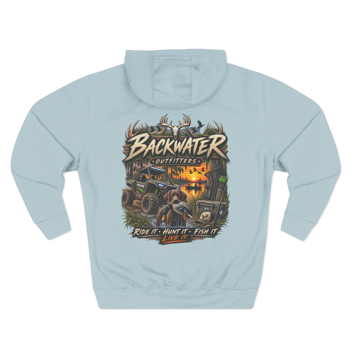 Backwater Outfitters Hoodie — 'Ride It • Hunt It • Fish It' Outdoor Pullover