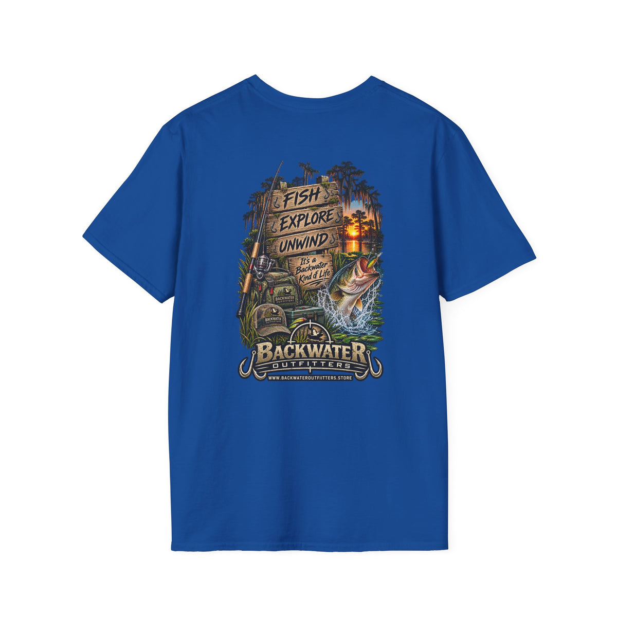 Backwater Fishing T-Shirt — "Fish Explore Unwind" Outdoor Angler Tee Printify