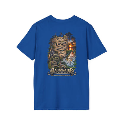 Backwater Fishing T-Shirt — "Fish Explore Unwind" Outdoor Angler Tee Printify