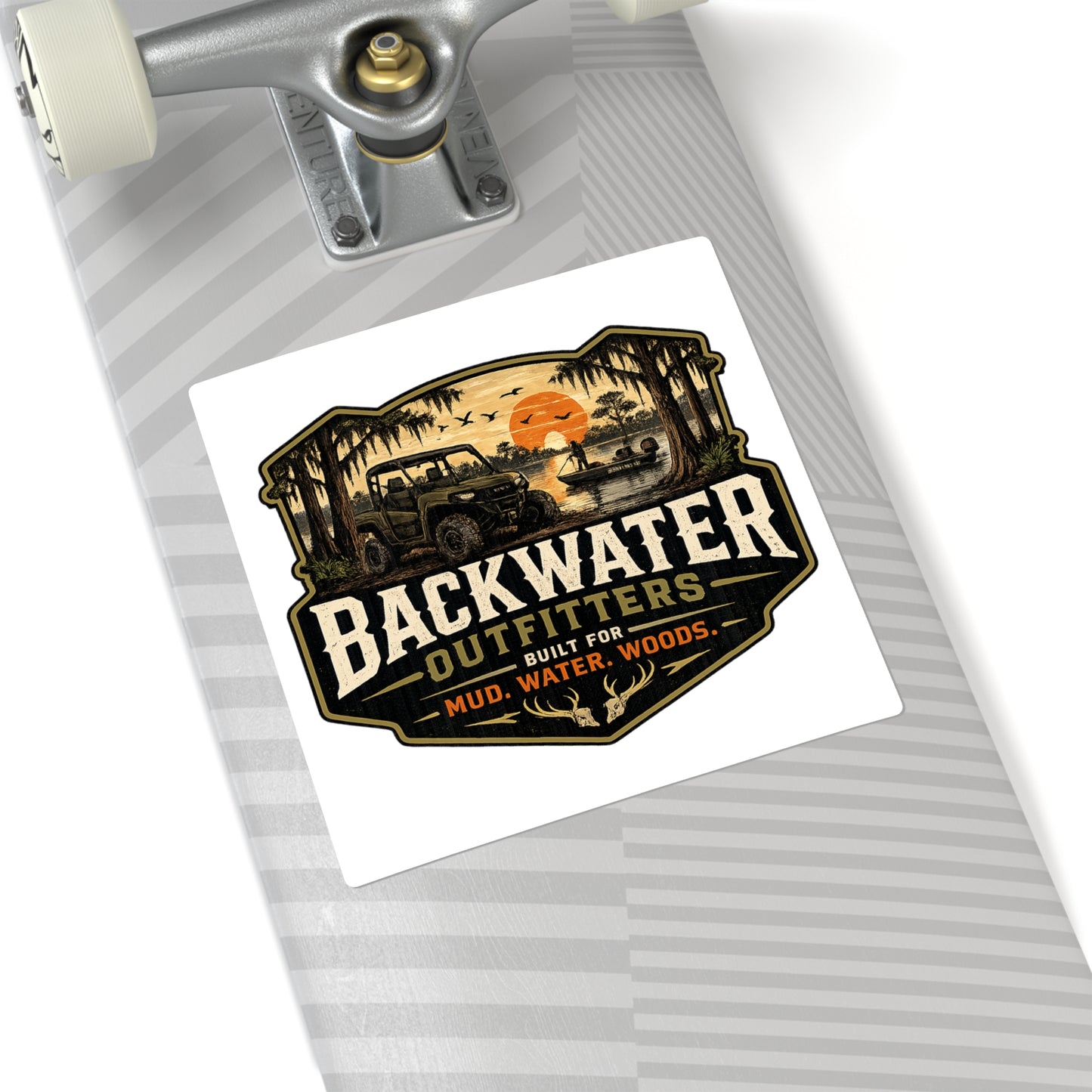 Backwater Outfitters Square Sticker — Mud, Water, Woods Outdoor Adventure Decal