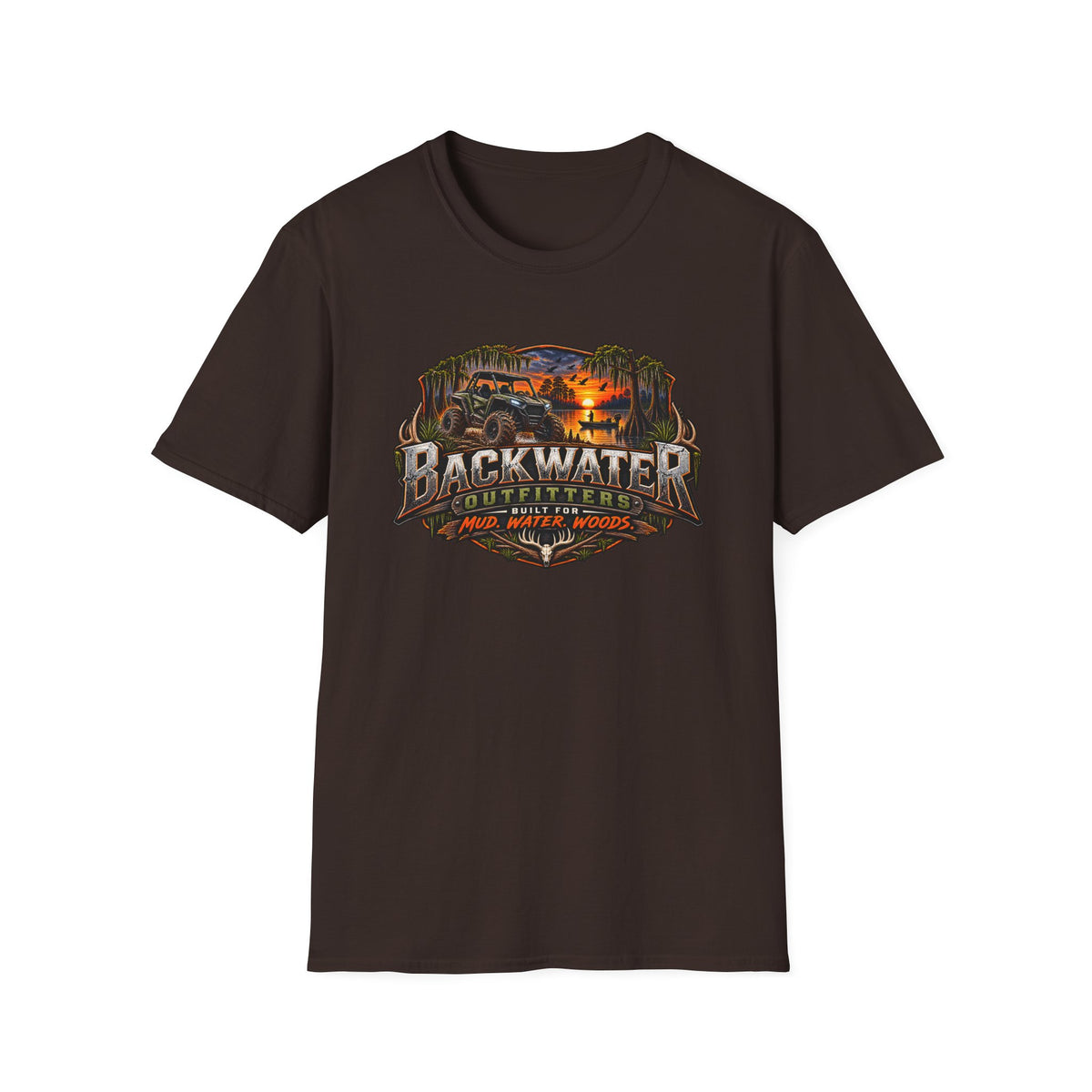 Backwater Outfitters Fishing T‑Shirt — "Raised on Backwater" Bass & Sunset Graphic Printify