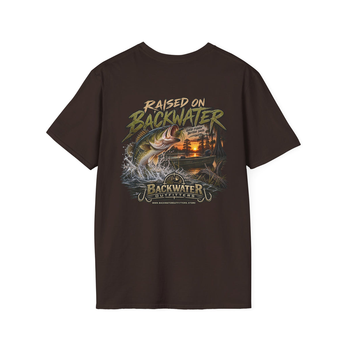 Backwater Outfitters Fishing T‑Shirt — "Raised on Backwater" Bass & Sunset Graphic Printify