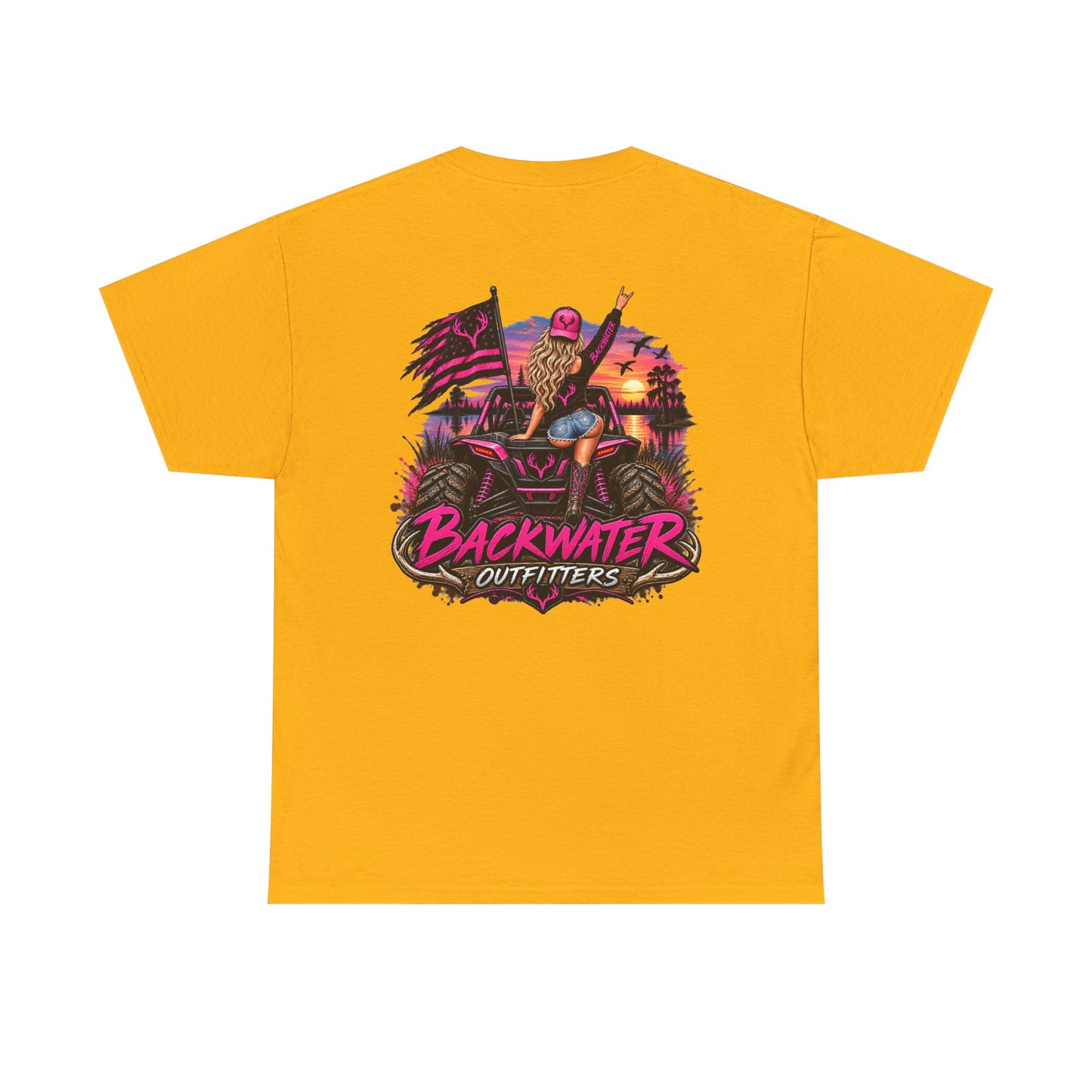 Backwater Outfitters Graphic Tee — Retro Sunset Fishing ATV Shirt