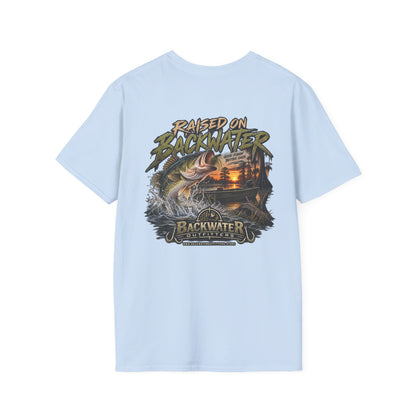 Backwater Outfitters Fishing T‑Shirt — "Raised on Backwater" Bass & Sunset Graphic Printify