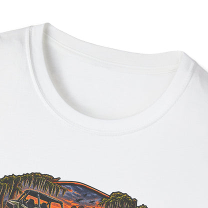 Backwater Outfitters Fishing T‑Shirt — "Raised on Backwater" Bass & Sunset Graphic Printify
