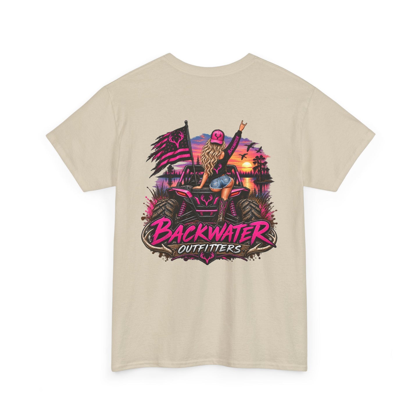 Backwater Outfitters Graphic Tee — Retro Sunset Fishing ATV Shirt