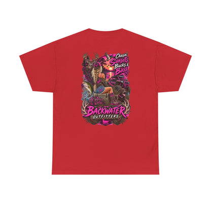 Backwater Outfitters Bass Fishing T‑Shirt — Sunset, Bucks & Bass Graphic Tee
