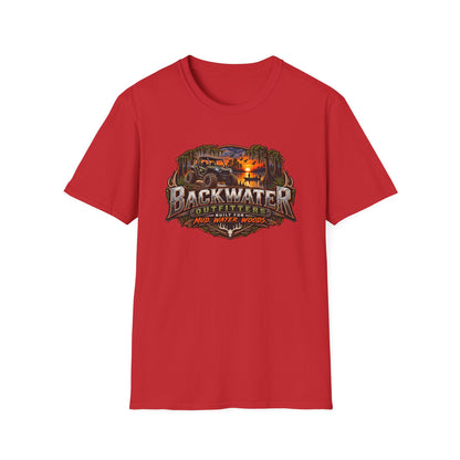 Backwater Outfitters Fishing T‑Shirt — "Raised on Backwater" Bass & Sunset Graphic Printify