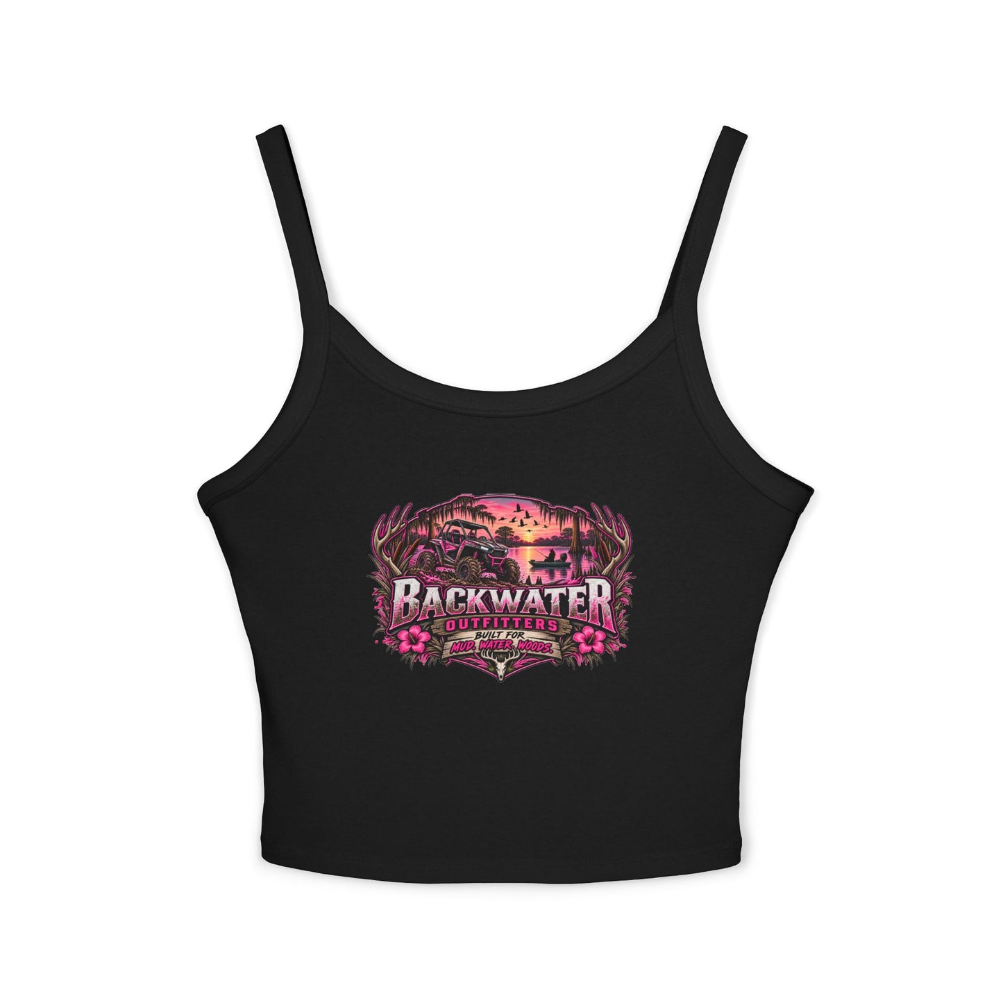 Backwater Outfitters Women's Crop Tank Top – Retro Sunset Fishing Graphic