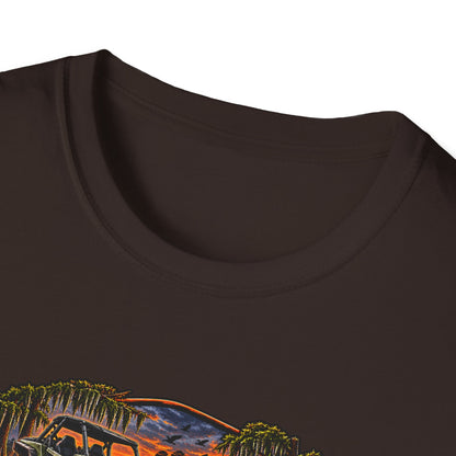 Backwater Outfitters Fishing T‑Shirt — "Raised on Backwater" Bass & Sunset Graphic Printify