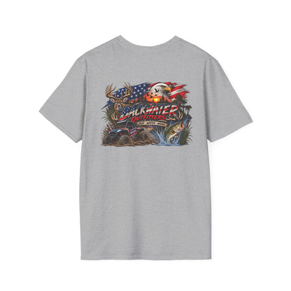 Backwater Outfitters Fishing T-Shirt — American Flag Bass Graphic