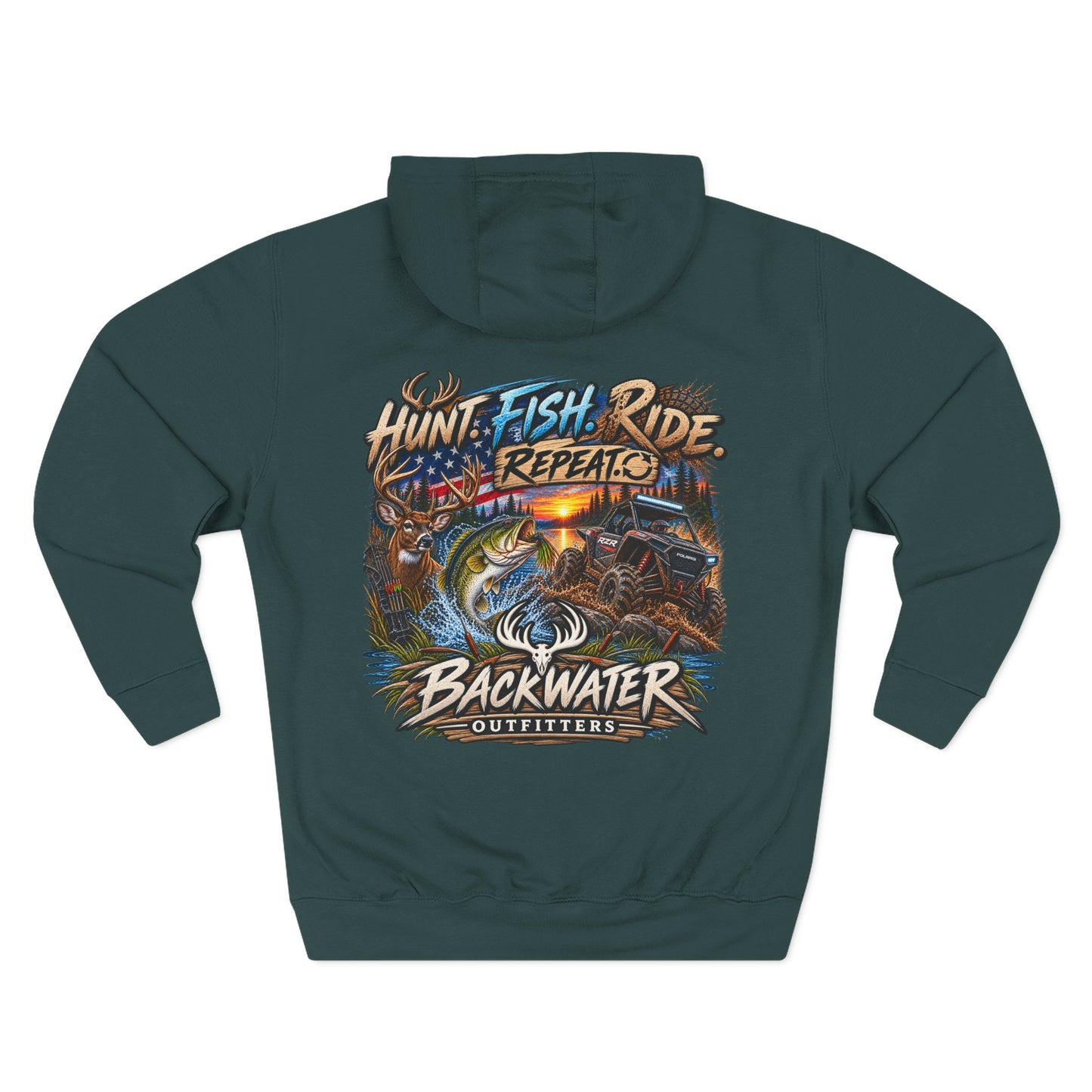 Backwater Outfitters Hoodie — "Hunt Fish Ride Repeat" Outdoor Graphic Pullover