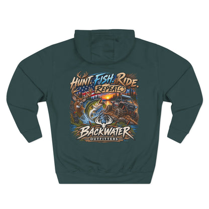 Backwater Outfitters Hoodie — "Hunt Fish Ride Repeat" Outdoor Graphic Pullover