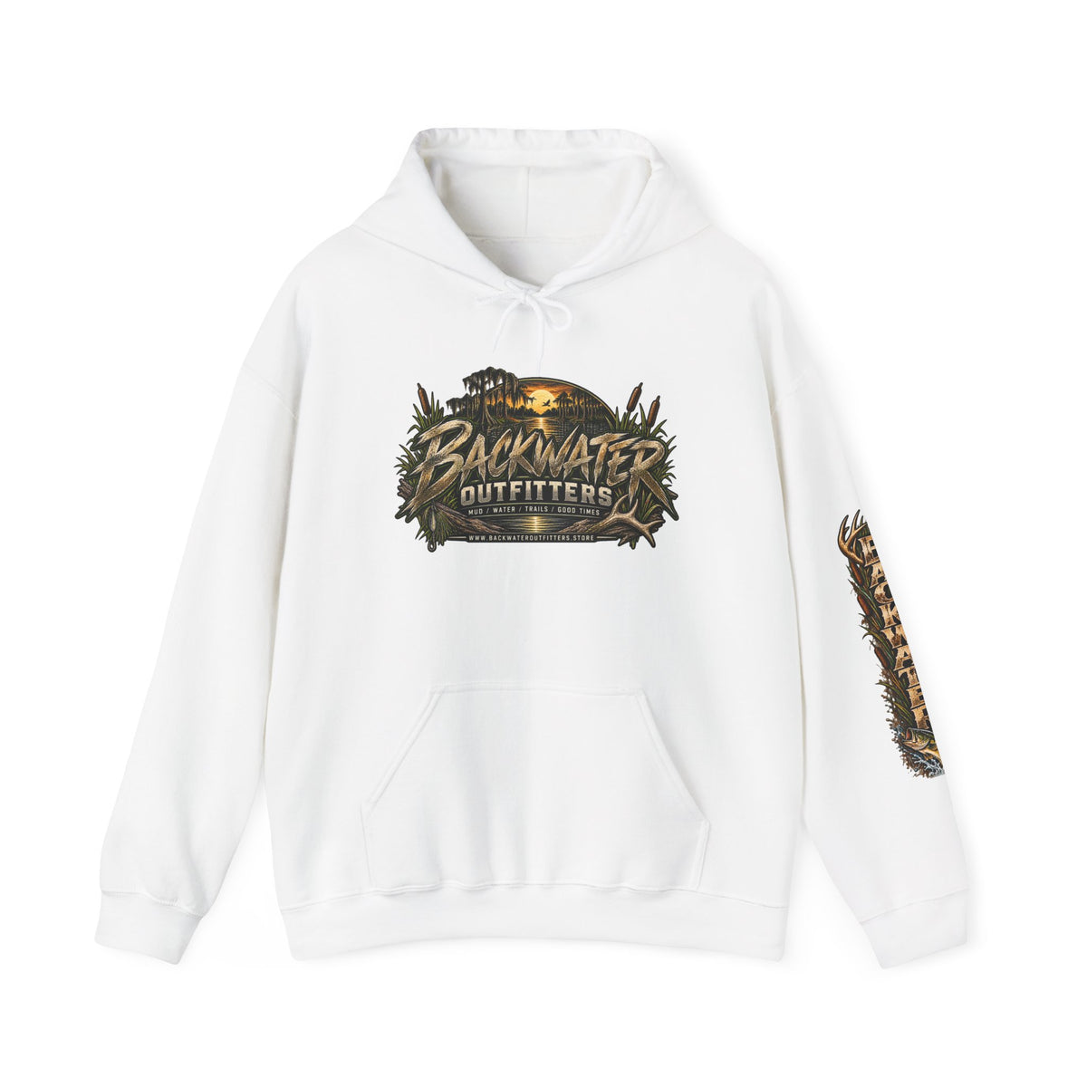 Simply Backwater Outfitters Hoodie — Outdoor Fishing Sunset Graphic Pullover Printify