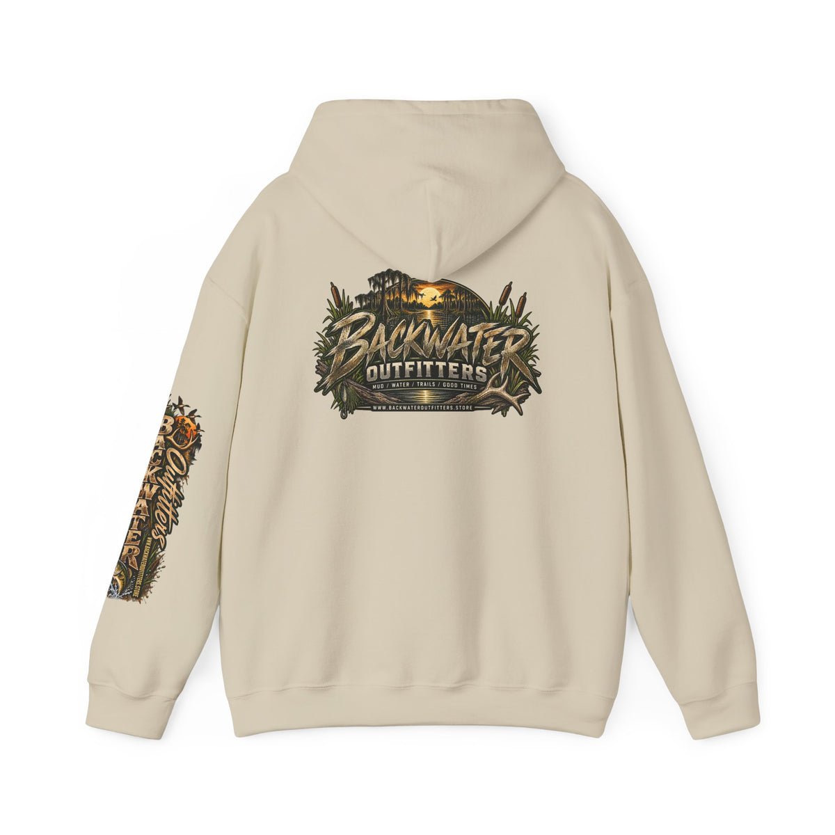 Simply Backwater Outfitters Hoodie — Outdoor Fishing Sunset Graphic Pullover Printify