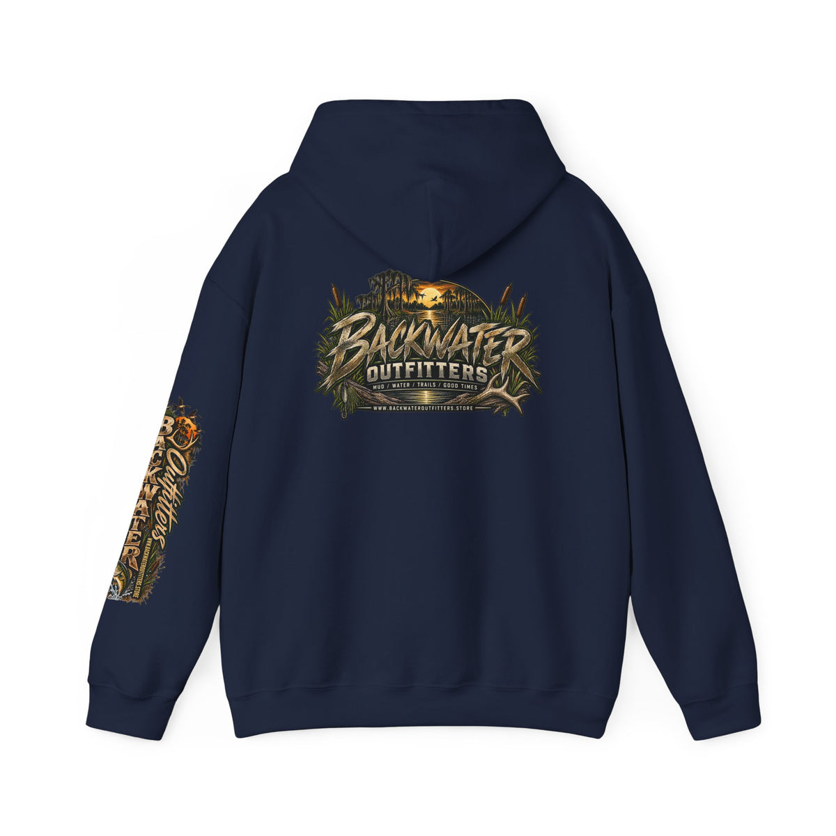Simply Backwater Outfitters Hoodie — Outdoor Fishing Sunset Graphic Pullover Printify