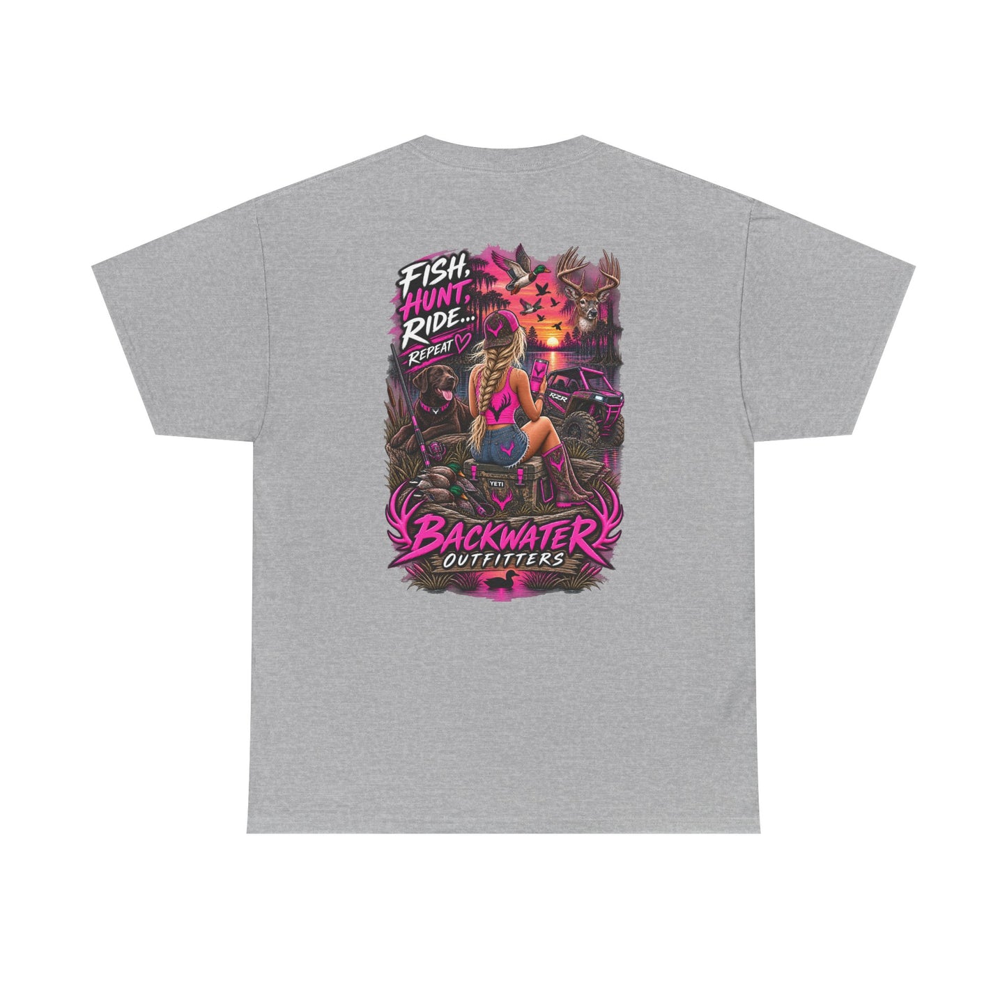 Backwater Outfitters Graphic Tee — "Fish Hunt Ride Repeat" Beach & Fishing Shirt