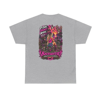 Backwater Outfitters Graphic Tee — "Fish Hunt Ride Repeat" Beach & Fishing Shirt
