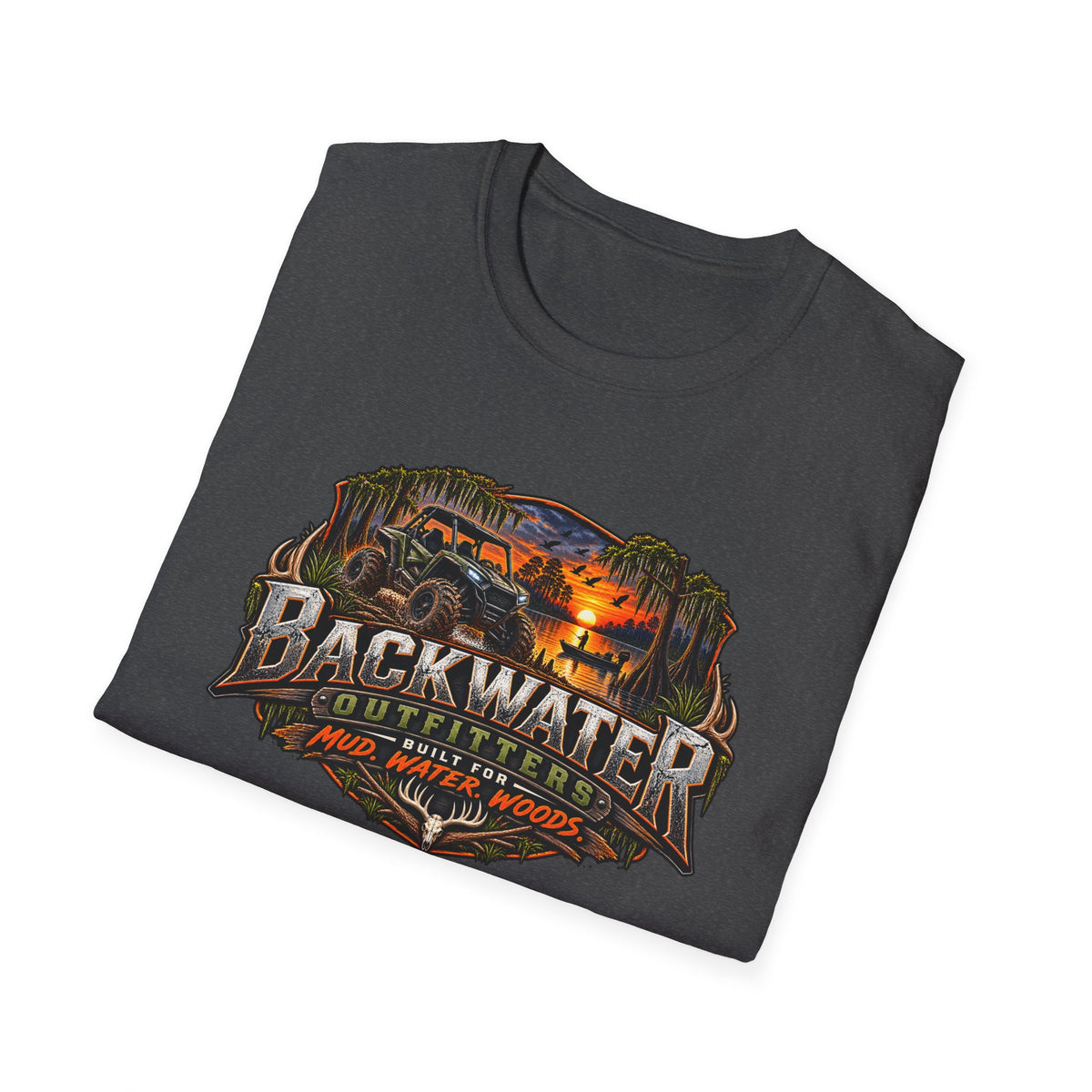 Backwater Outfitters Fishing T‑Shirt — "Raised on Backwater" Bass & Sunset Graphic Printify
