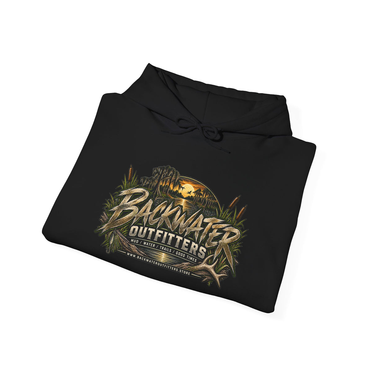 Simply Backwater Outfitters Hoodie — Outdoor Fishing Sunset Graphic Pullover Printify